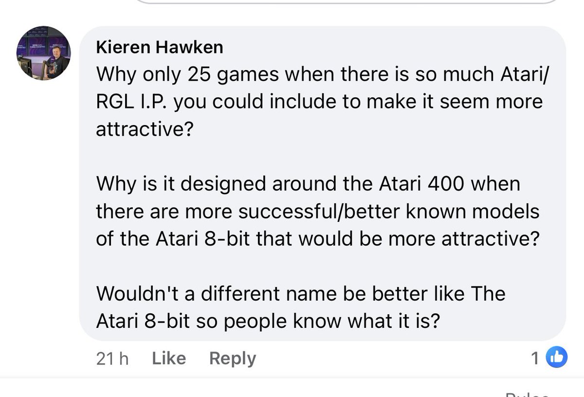 Not an IP expert, but it’s not called ‘The Atari 8-bit Mini’ for the same reason RGL called it the ‘A500 Mini’ rather than the ‘Commodore A500 Mini’. 

Would have thought Mr Atari would have known that…

#retrogaming #atari #commodore