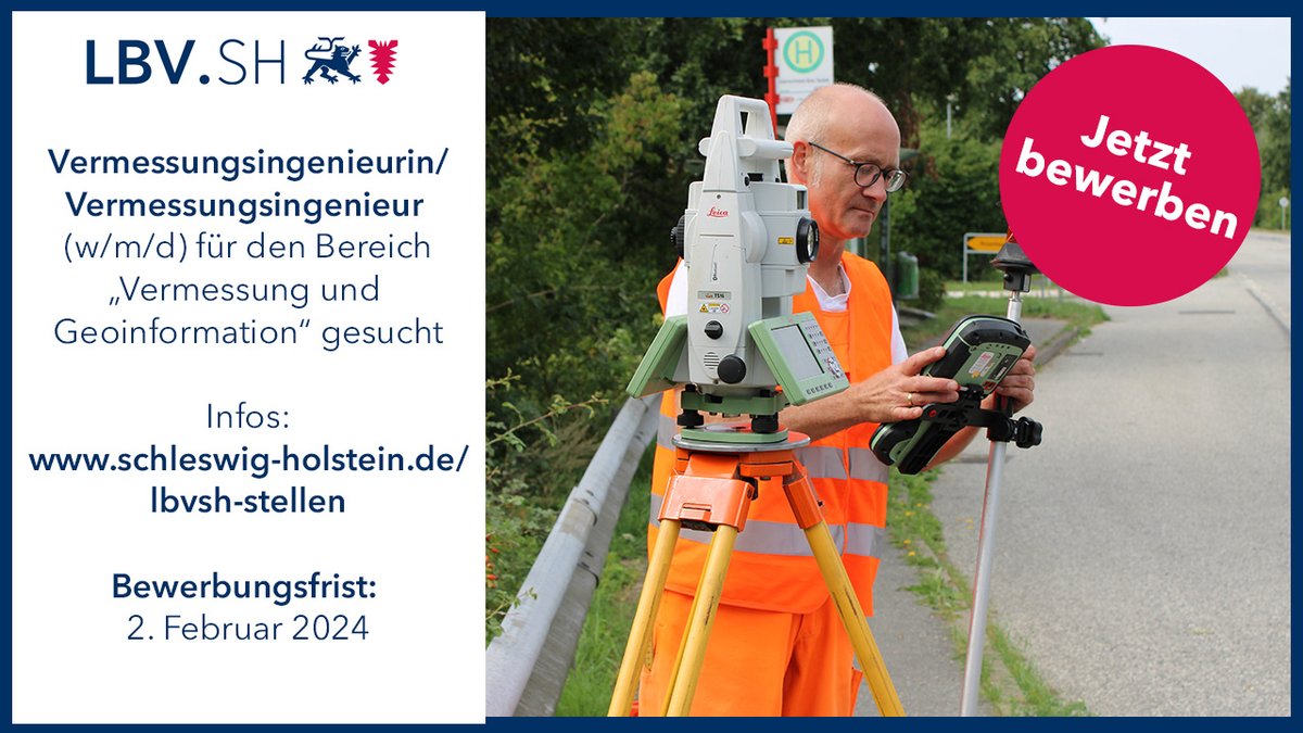 Der LBV.SH sucht am Standort Lübeck eine/einen Vermessungsingenieurin/Vermessungsingenieur im Bereich 'Vermessung und Geoinformation' (w/m/d)!

Infos: schleswig-holstein.de/lbvsh-stellen.…

#lbvsh #derechtenorden #landsh