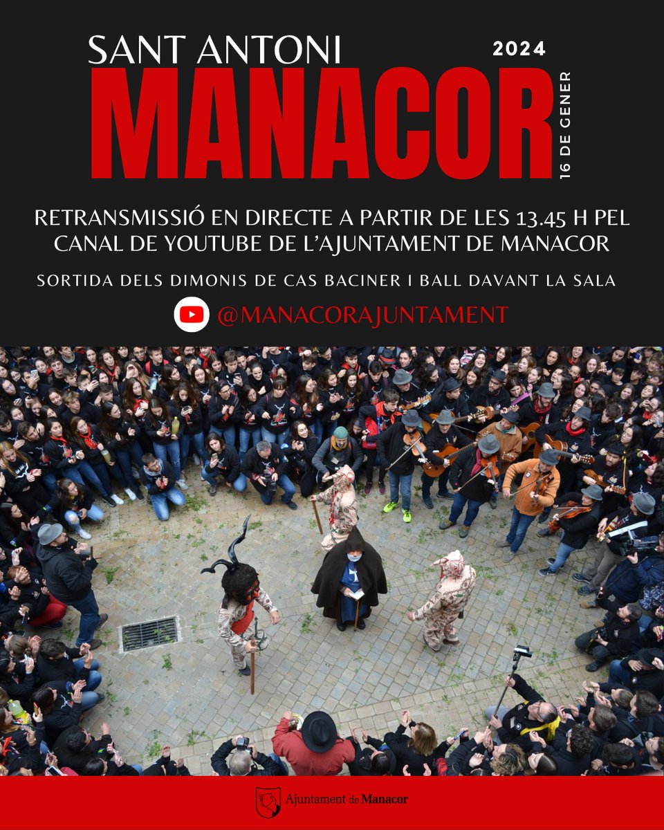 🔥👹 Ja se senten les passes dels dimonis! 🔥👹

🔥 No us perdeu la RETRANSMISSIÓ EN DIRECTE de la sortida dels dimonis de Cas Baciner i el ball davant la Sala!

🔥 En directe a partir de les 1️⃣3️⃣.4️⃣5️⃣ h pel canal de YouTube de l'Ajuntament de Manacor: youtube.com/@ManacorAjunta…