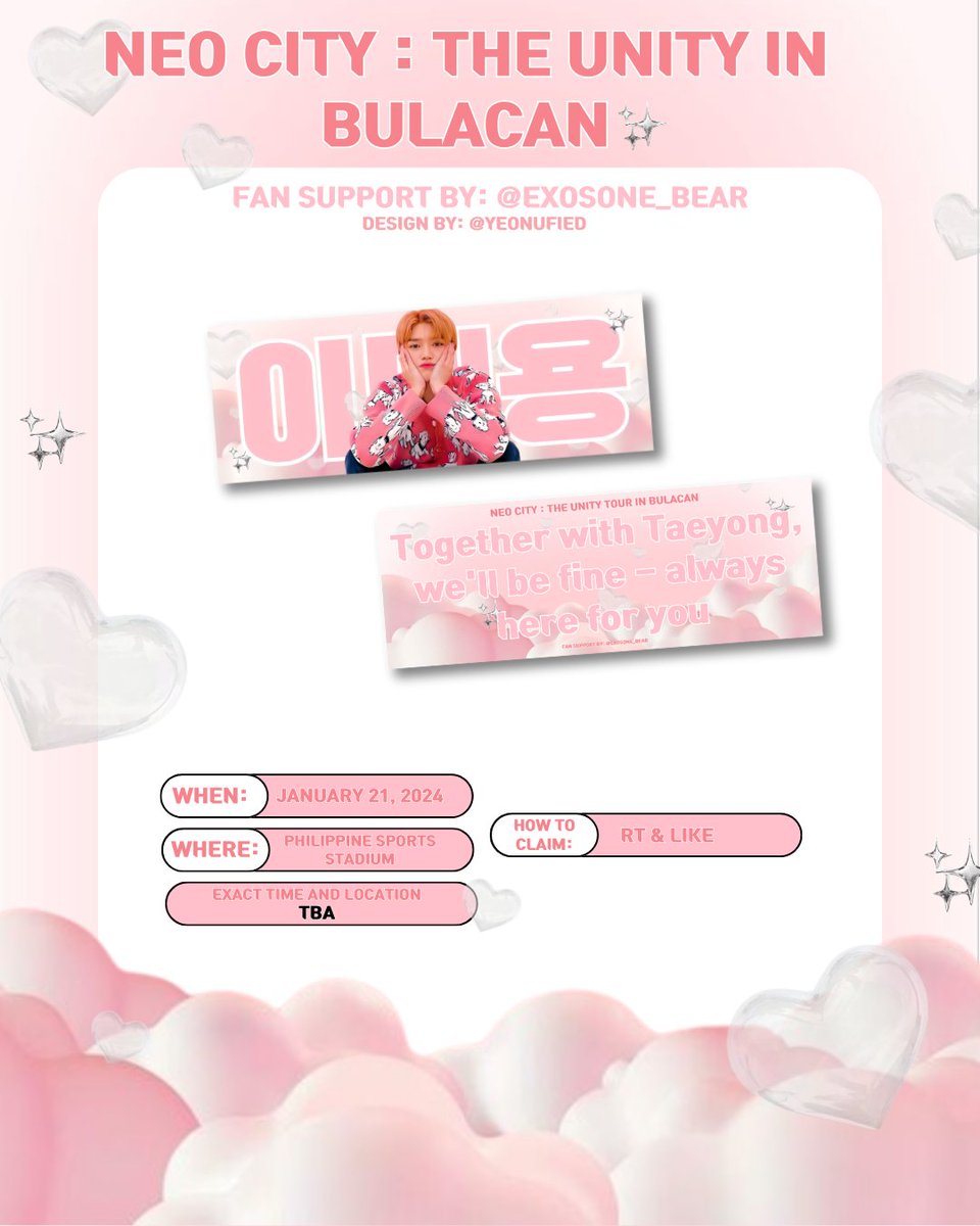 rahlsoshi_xo's tweet photo. NEO CITY : THE UNITY IN BULACAN FREEBIES 

🌹fan support by @exosone_bear
  — Pubmat &amp; design by @yeonufied

hii tyongfs! I'll be giving away hand banners (limited quantity) on Jan 21 for #NEOCITY_THE_UNITY_in_BULACAN !! 🩷

🌹like &amp; rt
🌹strictly 1:1 ratio

See you there! 🫶 https://t.co/rRKOwKOu6V