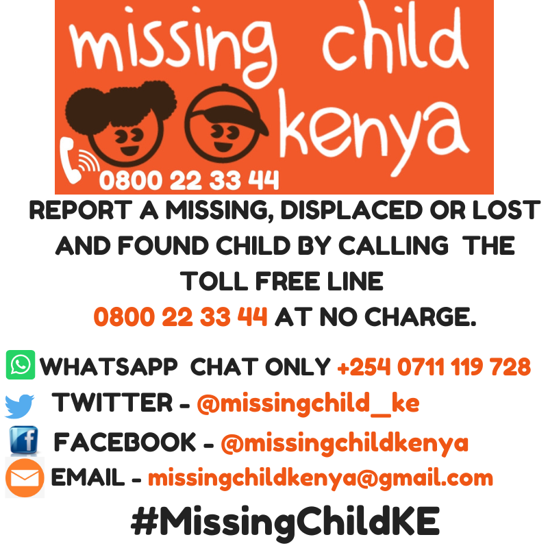missingchild_ke's tweet image. IMPORTANT INFORMATION TO PROVIDE WHEN YOUR CHILD IS MISSING. MISSING CHILD KENYA IS A FREE COMMUNITY SERVICE. WE DO NOT CHARGE ANY FEES TO FAMILIES FOR SERVICES RENDERED. BEWARE OF CONMEN.