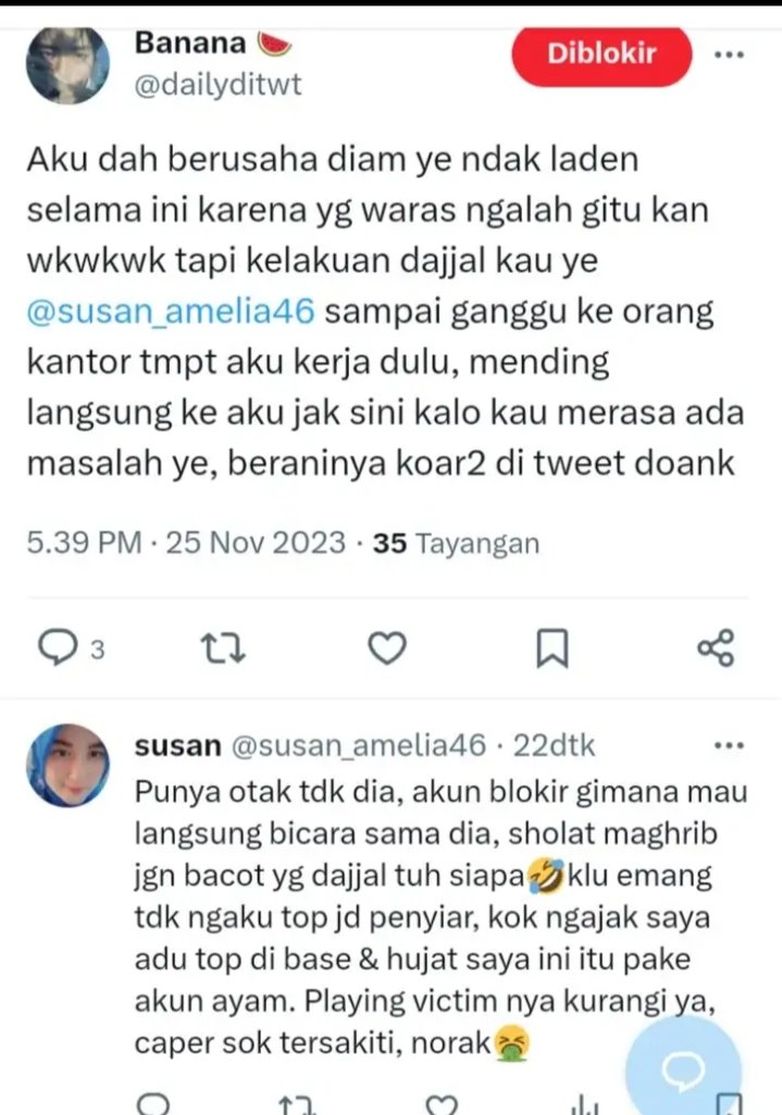 susan_amelia46's tweet photo. Itu akun tukang bully, fitnah &amp; doxing saya di base, liat komen najis nya🤮dia sok blokir saya, setelah itu setiap saya komen di base, dia selalu hasut netizen utk ikut bully saya &amp; minta mimin base blokir saya. Licik kan manusia playing victim,dajjal jago fitnah &amp; pembawa sial👣 https://t.co/1BRNROSUu8