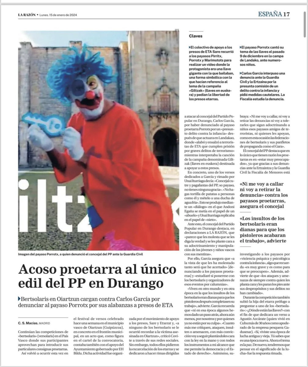 Todo mi apoyo y ánimo a mi compañero <a href="/carlosdavidgf/">Carlos García</a> por el acoso personal que está recibiendo por la izquierda abertzale radical, por denunciar en el municipio donde es concejal, #Durango, la vomitiva estrategia proetarra de algunos vestidos de payasos, bertsolaris o políticos.