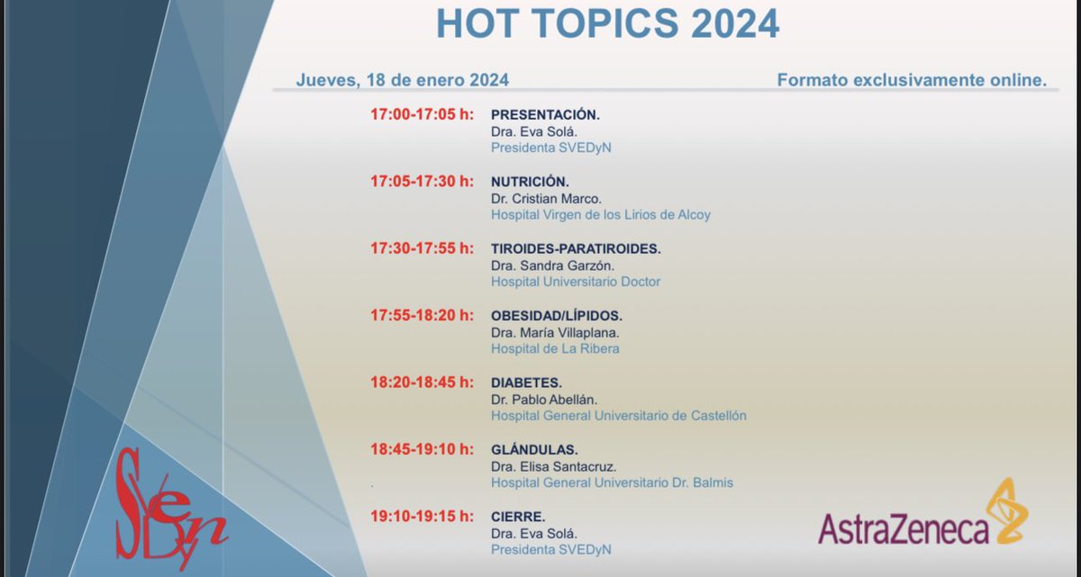 ➡️Hot Topics en Endocrinología, Diabetes y Nutrición 2024. 

🕒Jueves 18 enero 2024. 

💻Formato: exclusivamente online.

Organizado por la SVEDyN
Patrocinado por AstraZeneca

🔜 Enlace en área privada de la web: svedyn.com/es/area-privad…
<a href="/CMarcoEyN/">Cristian Marco</a> <a href="/pabellangaliana/">Pablo Abellán</a>