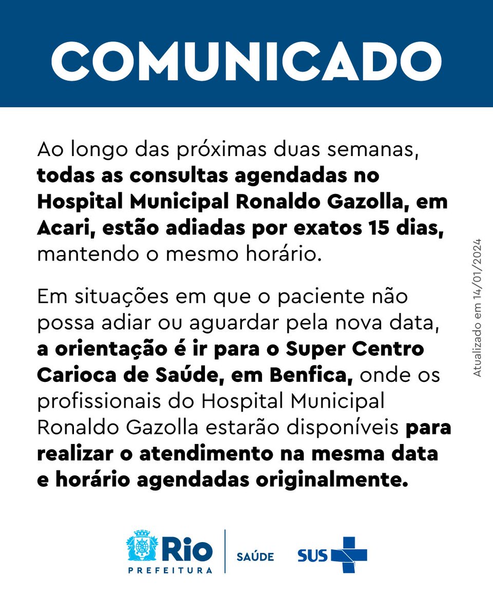 rj_supercentro's tweet photo. Pacientes que considerem que não podem esperar esse adiamento devem se dirigir na data e horário da consulta agendada ao Super Centro Carioca de Saúde, em Benfica, onde os profissionais do Hospital Ronaldo Gazolla estarão atendendo.
Consultas no CCE e exames no CCDTI. https://t.co/Ph9y4F1lvq