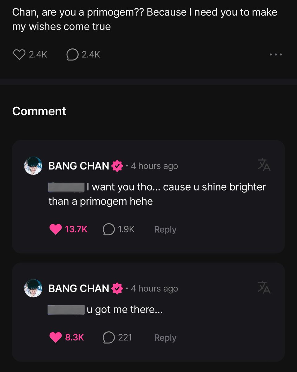 skzsfans's tweet photo. 🩷: Chan, are you a primogem?? Because I need you to make my wishes come true

🐺: I want you tho… cause u shine brighter than a primogem hehe 
🐺: u got me there… https://t.co/9xHM9HM7ID