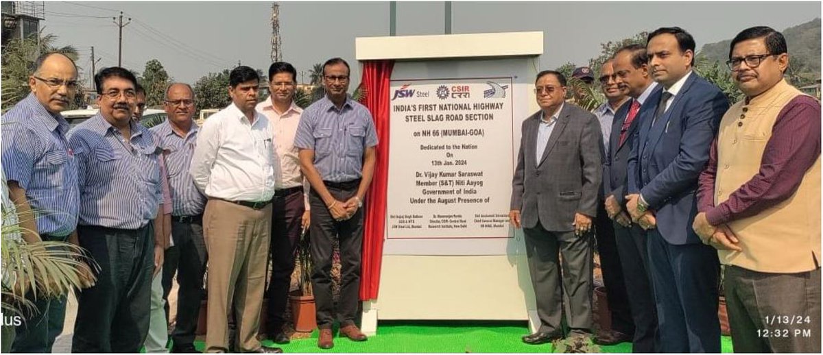 On January 13, 2024, Dr. Saraswat inaugurated First National Highway Steel Slag Road section on Mumbai-Goa NH-66, jointly developed by NHAI, CSIR-CRRI, JSW Steel, by transforming steel industry waste into wealth &amp; building stronger and ecofriendly highways for the nation
