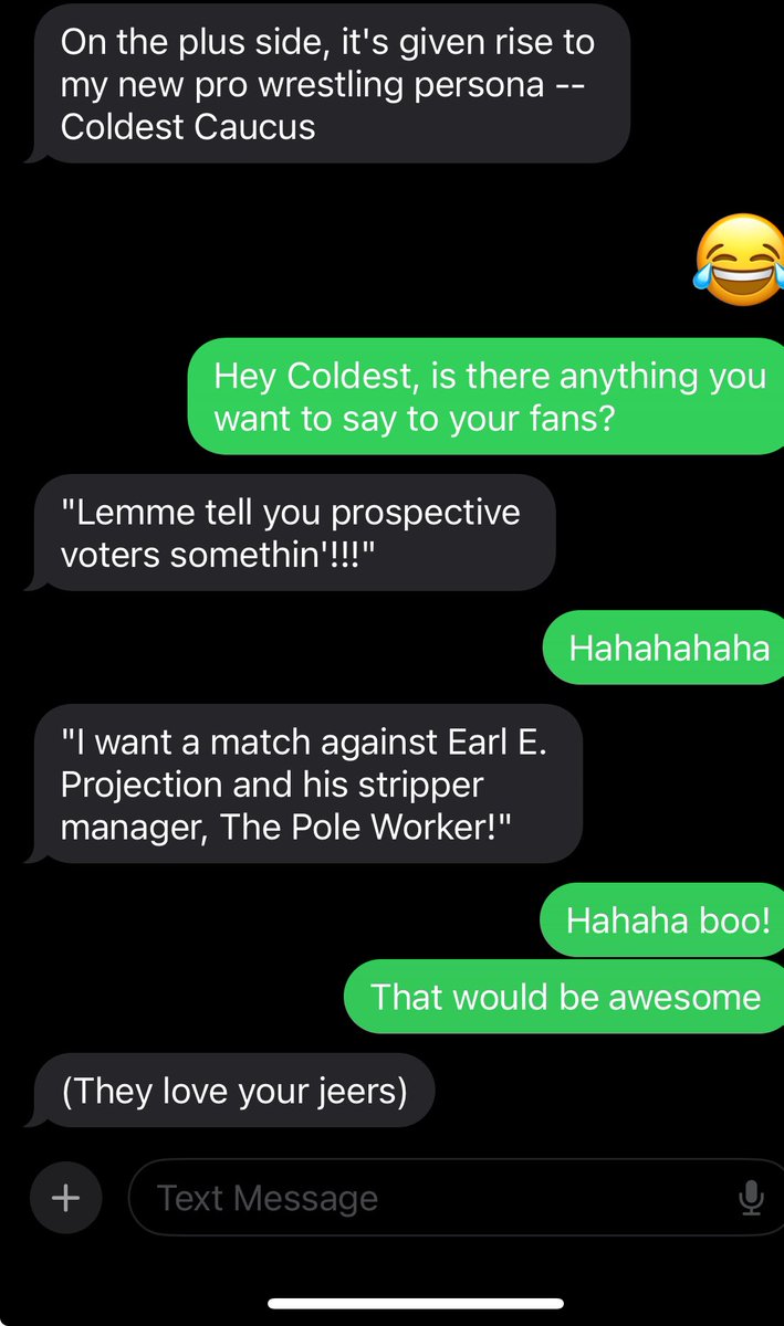 Hubby is going to be a wrestler named Coldest Caucus.