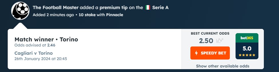 T_Foot_Master's tweet image. "Monday's Bet of The Day "         
26 January / Italian Serie A 
Cagliari vs Torino
Torino to win @ 2.46 @Pinnacle 

#FreePick #BOTD like retweet