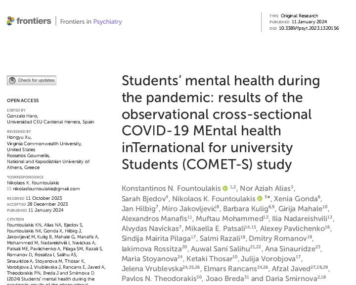 Delighted to share our new publication!

Students' mental health during the pandemic: results of the observational cross-sectional COVID-19 MEntal health inTernational for university Students (COMET-S) study frontiersin.org/articles/10.33…