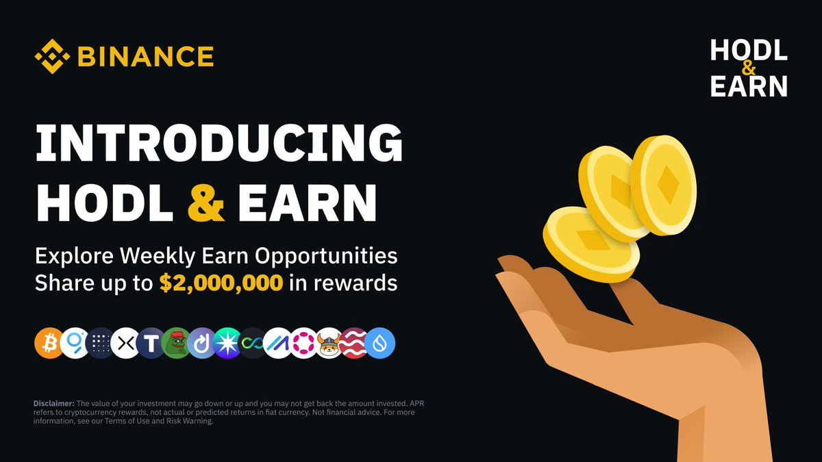binance's tweet photo. Introducing HODL &amp; EARN, a #Binance initiative designed to maximise the earning potential of your crypto.

Explore weekly earn opportunities and share rewards of up to 2,000,000 $USDT! 

Find out more ➡️ https://t.co/bBEpKCOs3C https://t.co/EZ3sVR4xEm