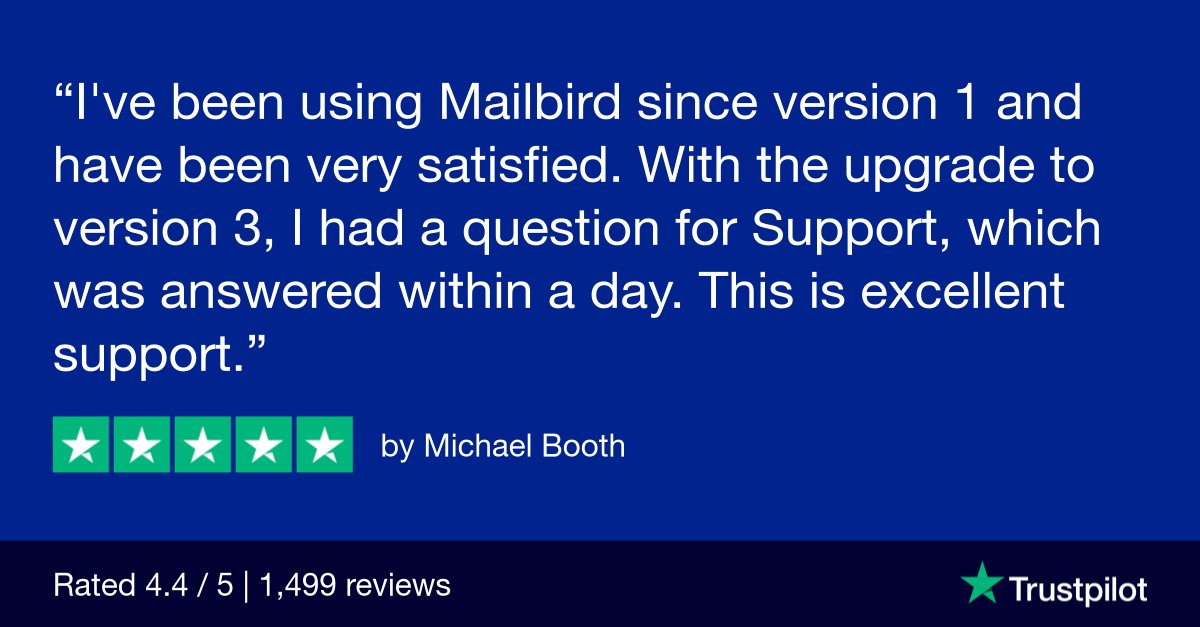 mailbird's tweet photo. Nothing better than starting the week with reviews like this. - Thank you, Michael. 💙 #Mailbird3 ProductReviews

Time to supercharge your email experience? Discover the NEW Mailbird 3.0 today. https://t.co/CldLzqKREA https://t.co/7s850V8Fwn