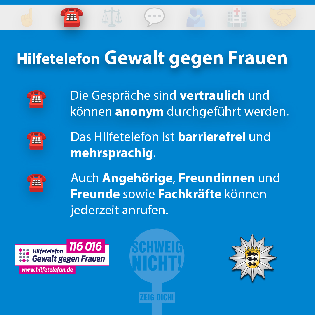 Schweig nicht! Zeig Dich! ☎️  Jede Frau hat das Recht, sich respektiert und sicher zu fühlen. ☝️

Umfangreiche Infos zum 'Hilfetelefon Gewalt gegen Frauen' findest Du auf der Website hilfetelefon.de 🤝

#SchweigNichtZeigDich #PolizeiBW #GegenGewaltanFrauen #Hilfetelefon