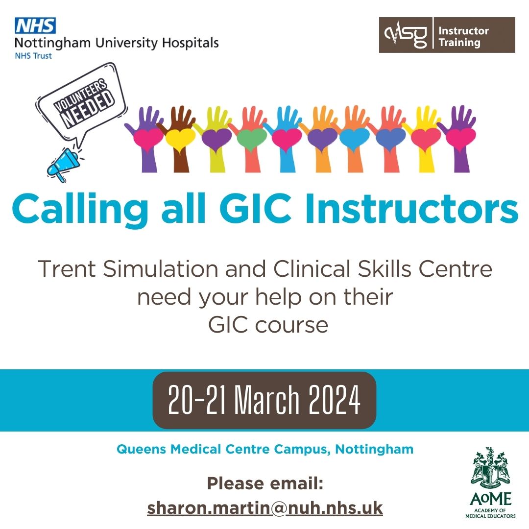 _ALSG_'s tweet photo. Calling all GIC Instructors! Trent Simulation, Nottingham, needs more instructors for their course on 20-21 March. Please email sharon.martin@nuh.nhs.uk if you can help. #FutureInstructors #GIC #TeachingToSaveLives https://t.co/U05g9kXFbj