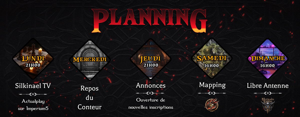 ArcheJDR's tweet photo. 🗓️On a demandé un #planning #jdr ?

🎲- Ce soir : rdv à 21h chez @Silkinael pour la 1ère séance d'Imperium5 !

🧿- Jeudi : on lance de nouvelles inscriptions !

🗺️- Samedi : du mapping, m'sieurs, dames !

🎮- Dimanche :  Baldur's Gate 3 à la libre antenne.

Bonne semaine ! 💪 https://t.co/2Bf1R4dgD8