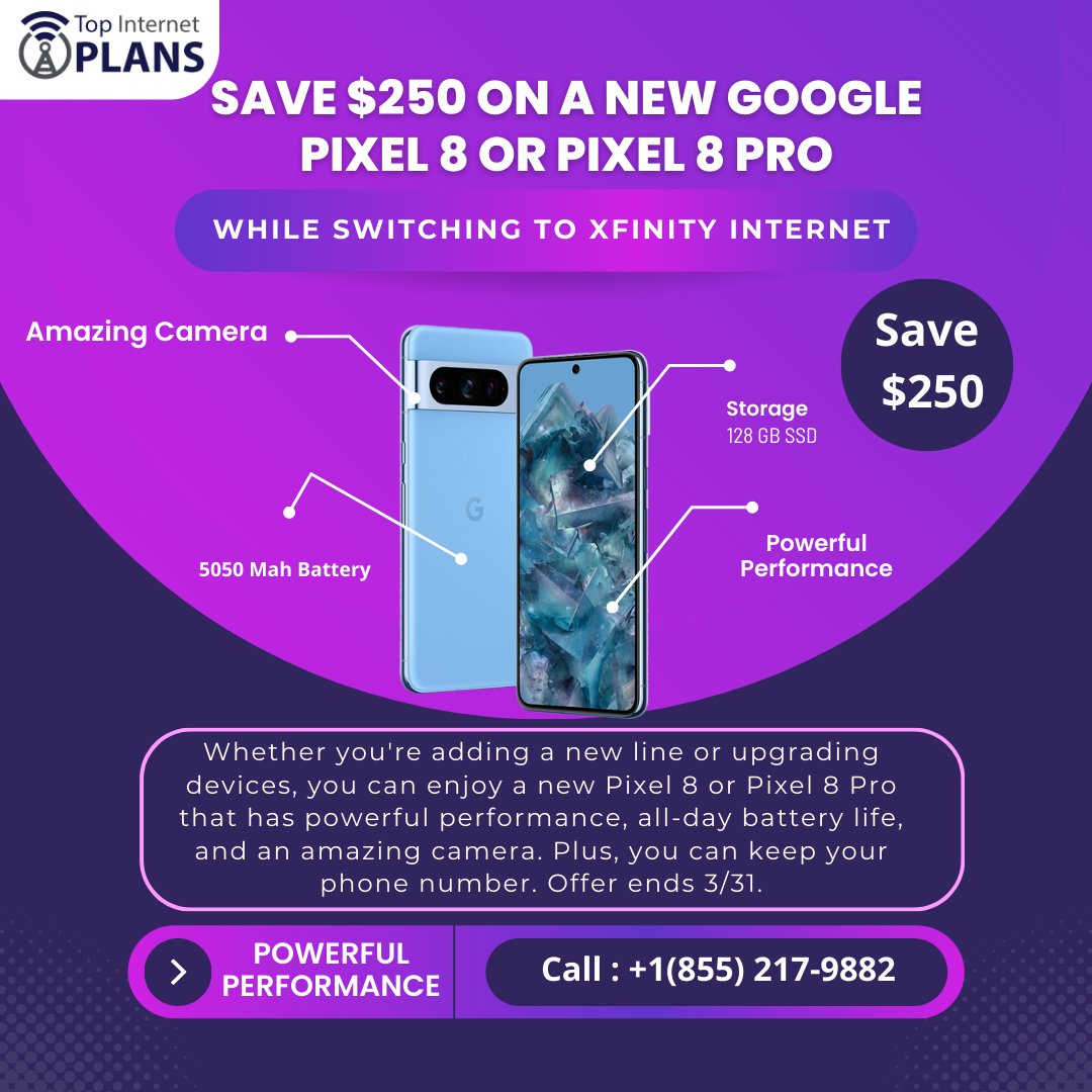 Jackpaul9882's tweet image. 🚀 Upgrade your tech game! Score a $250 discount on the sleek Google Pixel 8 or Pixel 8 Pro when you make the switch to Xfinity Internet. 📞 Call Now at +1(855) 217-9882. Don't miss out on this exclusive offer! #TechUpgrade #XfinityInternet #GooglePixel
topinternetplans.com/xfinity-intern…