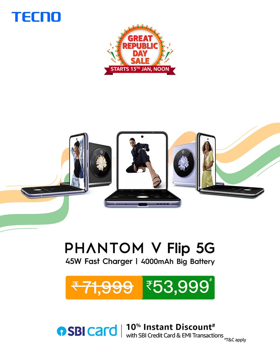 TecnoMobileInd's tweet photo. Flip in Style with Republic Day sale on #PHANTOMVFlip5G.
Get it at just ₹53,999* (*Only till 18th Jan).
Available exclusively on @amazonIN.
Buy Now: https://t.co/0o11GgbDZA
#TECNO #FlipInStyle https://t.co/1N7Xrz3A8v