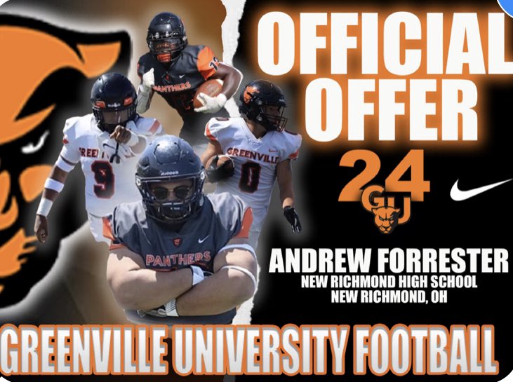 After a Long talk with <a href="/Coachschomaker/">Robbie Schomaker</a>, I am Blessed to receive an OFFICIAL OFFER from GREENVILLE UNIVERSITY‼️ 
<a href="/CoachLBell/">Lamar Bell</a> 
<a href="/GreenvilleUniv/">Greenville University</a> 
<a href="/EMAPFootball/">Greenville University Football</a> 
<a href="/NewRichmondHS/">New Richmond HS</a> 
<a href="/BrianPitzerII/">Brian Pitzer</a> 

Go Panthers!!!