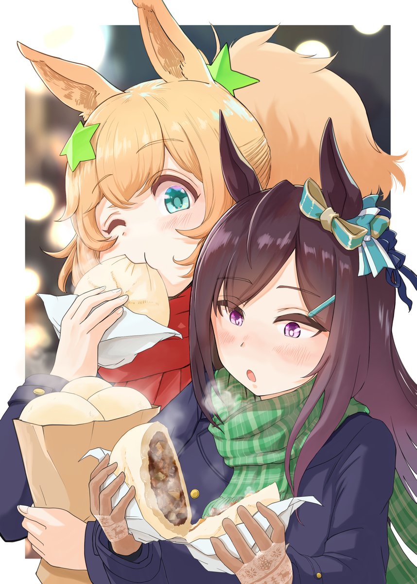 mejiro dober (umamusume) ,taiki shuttle (umamusume) multiple girls 2girls animal ears horse ears food scarf one eye closed  illustration images