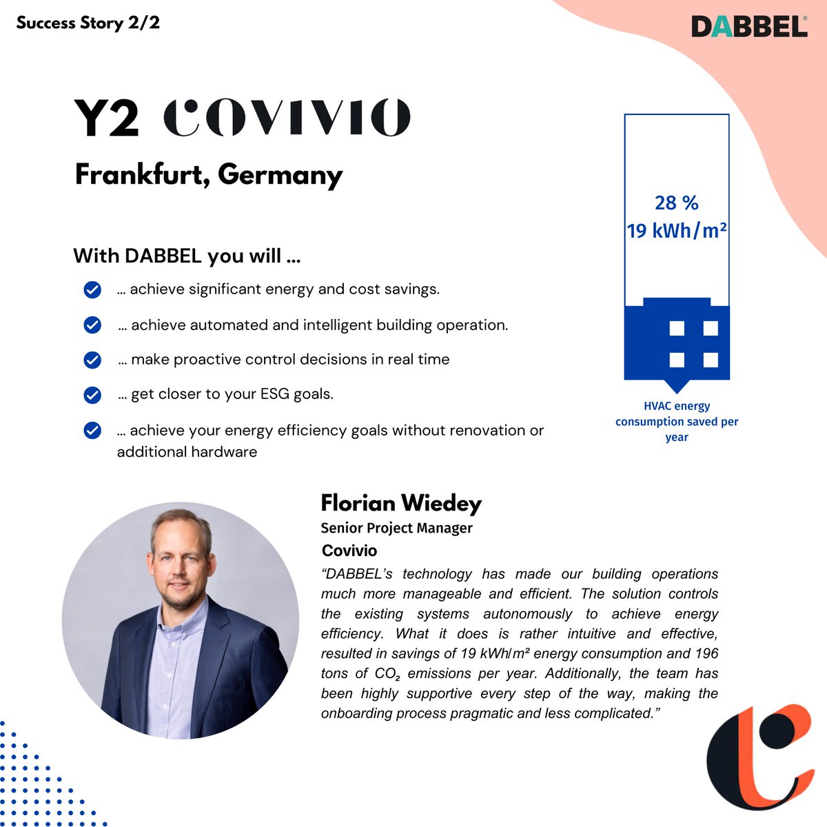 Exciting results at Frankfurt's Y2! We've cut the annual energy use by 19 kWh/m², saving over 500k kWh/year. Huge thanks to <a href="/covivio_/">Covivio</a>  for their partnership in building sustainability🏢

Learn more and contact us at: dabbel.eu

#SustainableInnovation #AI #HVAC