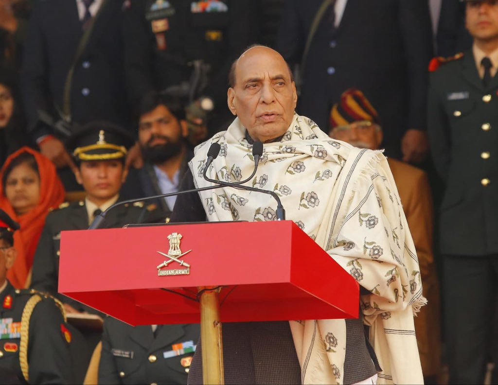Defence Minister Rajnath Singh addressing an event on Army Day in Lucknow 