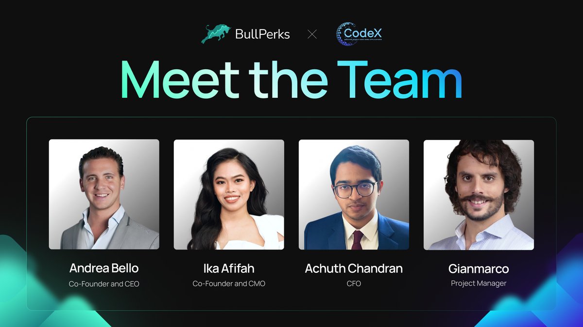 bullperks's tweet photo. Meet the brilliant minds driving innovation at @codexchain! 🖥

🤵🏼 Andrea Bello
Co-Founder & CEO with 15+ years in tech and finance, bringing expertise from ABB, AXA, Zurich , and GE.

🤵🏻‍♀️ Ika Afifah
Co-Founder & CMO, former Tencent and Bigo pro, excelling in operations and partnerships.

💼 Achuth Chandran
CFO, HEC Paris alumnus, and finance expert with a rich background at KPMG, Sancta Capital, and Trilogy Enterprises.

🏎 Gianmarco
Project Manager, hailing from the F1 world, managing high-value projects and driving innovation.

Explore the future with #CodeX. Don't miss the CodeX #IDO deal on #BullPerks on January 23!