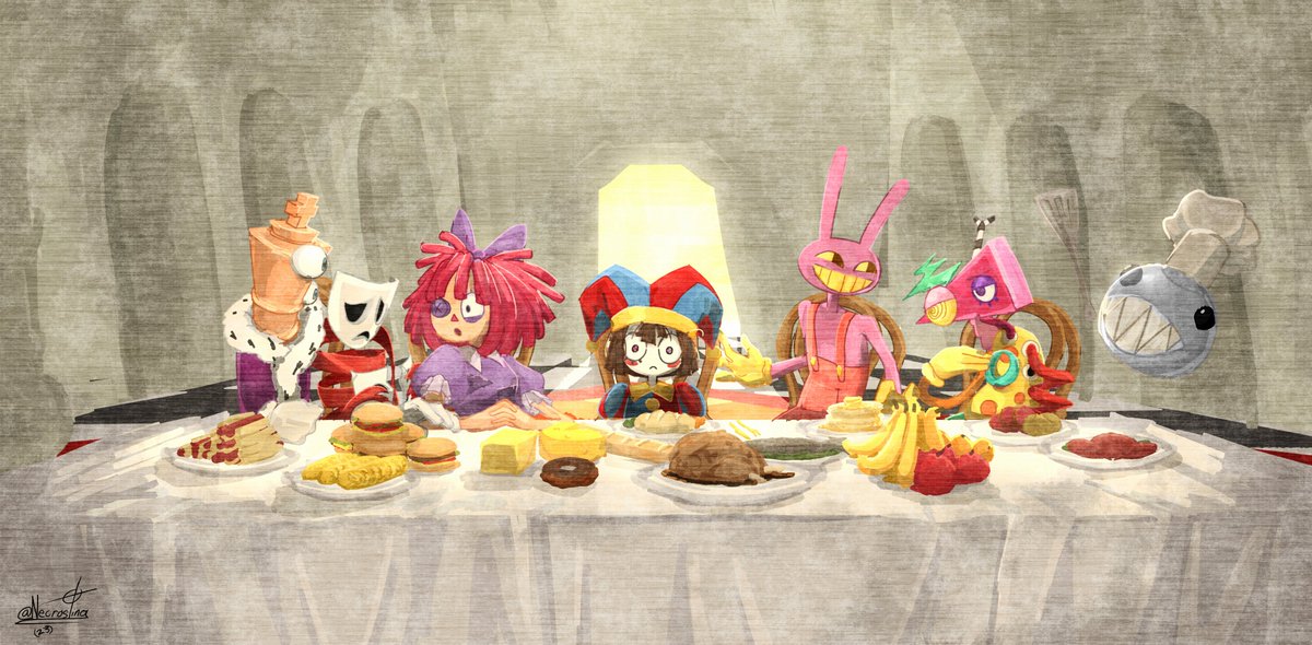 Necrosting's tweet photo. The last digital supper
#TheAmazingDigitalCircus #TADC #Pomni #Jax #ragatha #Kinger #art #ArtistOnTwitter https://t.co/ILCFTbTnuA
