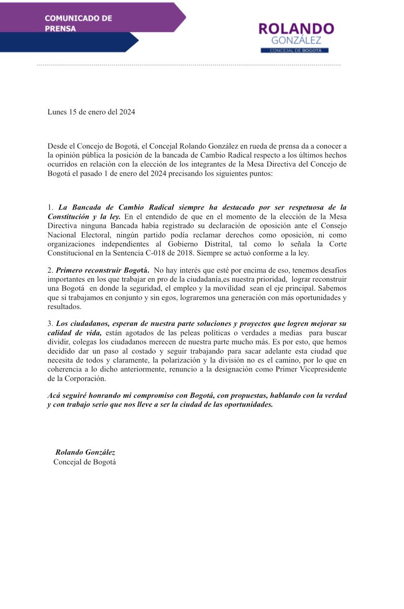 RolandoGonGa's tweet photo. Anunciamos nuestra posición frente a la vicepresidencia del Concejo de #Bogotá. Siempre pensando en la ciudad, nuestro compromiso es RECONSTRUIR. 

Los ciudadanos esperan más de todos, están cansados de peleas políticas y de egos,  claramente la división no es la salida. 

¡De mi solo esperen trabajo y verdad!