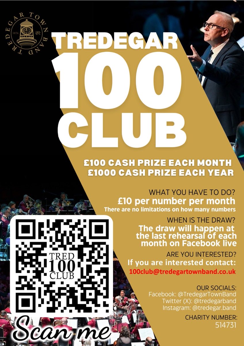 ⏰ Today is the deadline for January’s 100 club draw! Interested? Please contact us at 100club@tredegartownband.co.uk You’ve got to be in it to win it!💰