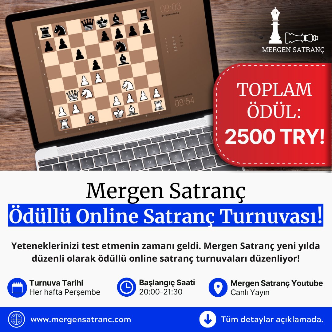Mergen Satranç (@mergensatranc) on Twitter photo Bu haftadan itibaren her Perşembe akşamı düzenlenecek Mergen Satranç Ödüllü Satranç Turnuvaları başlıyor! 🎉
NASIL KAYIT OLABİLİRİM? 📬
Turnuva katılım tamamen ücretsiz. Tek yapmanız gereken aşağıdaki "Turnuva Kayıt Formu"nu doldurmak:
forms.gle/FvoFgKudLj7sJU… Bu haftadan itibaren her Perşembe akşamı düzenlenecek Mergen Satranç Ödüllü Satranç Turnuvaları başlıyor! 🎉
NASIL KAYIT OLABİLİRİM? 📬
Turnuva katılım tamamen ücretsiz. Tek yapmanız gereken aşağıdaki "Turnuva Kayıt Formu"nu doldurmak:
forms.gle/FvoFgKudLj7sJU…