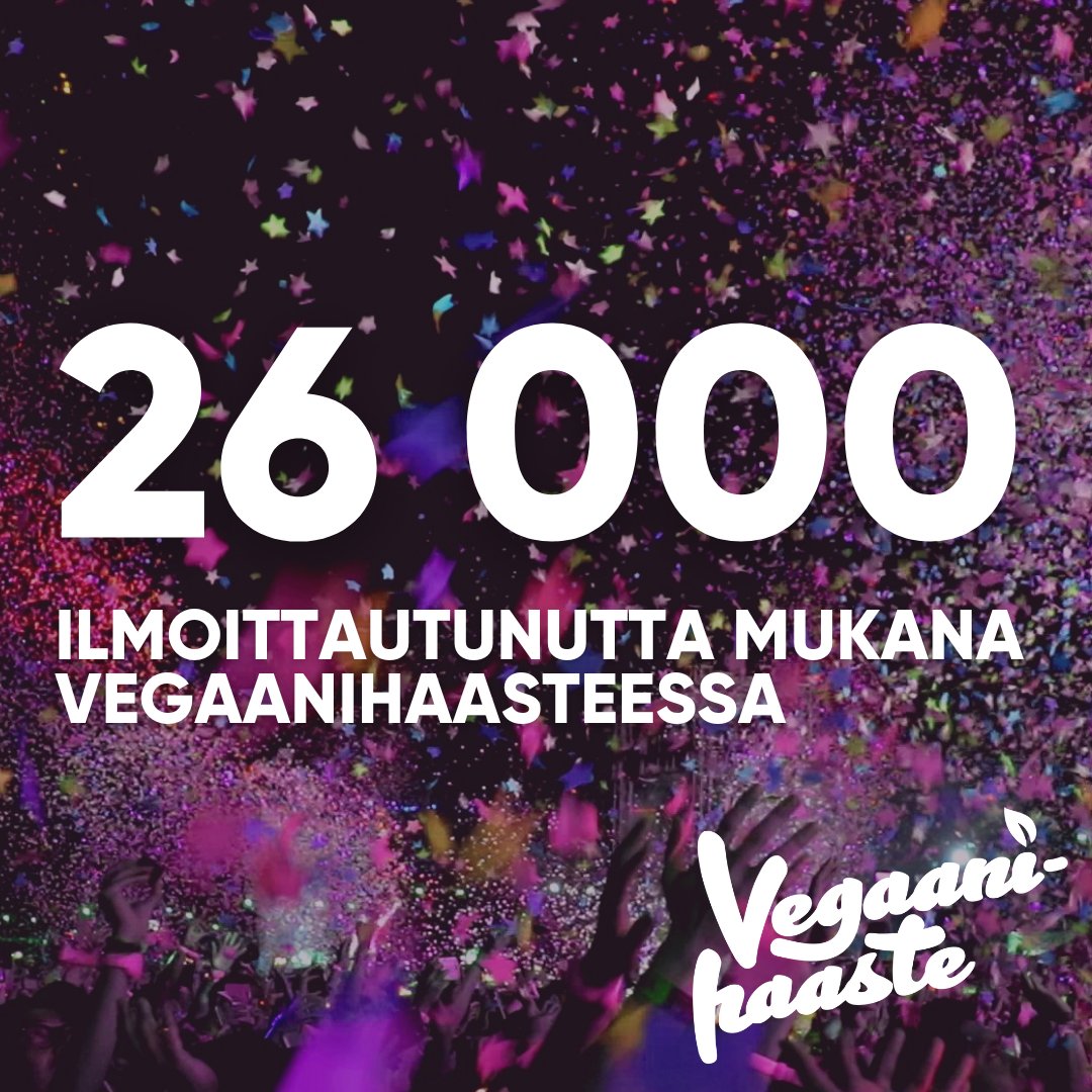 Wow! 🎉 26 000 osallistujaa tammikuun Vegaanihaasteessa! 😍Tämä on aivan huikea määrä vegekokeilijoita!💜

Vegaanihaaste on vuodesta toiseen Suomen suosituin ruokahaaste! 🌟

Mukaan voi ilmoittautua milloin tahansa – vaikka tänään: vegaanihaaste.fi 😊

#vegaanihaaste