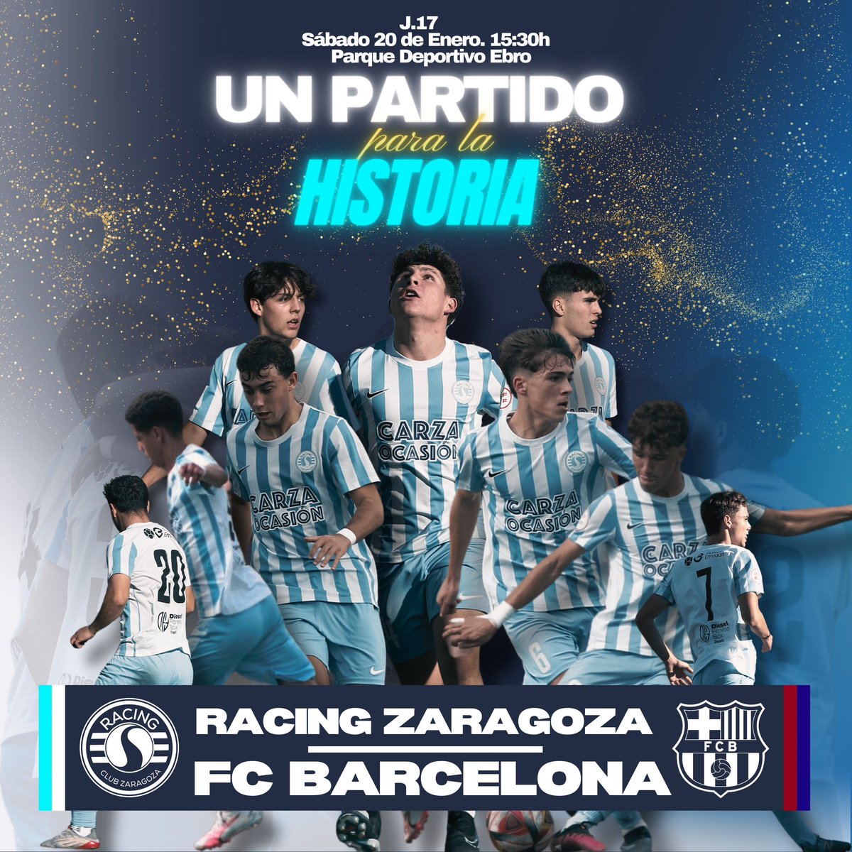 rcdzaragoza's tweet photo. ✨ 𝑼𝑵 𝑷𝑨𝑹𝑻𝑰𝑫𝑶 𝑷𝑨𝑹𝑨 𝑳𝑨 𝑯𝑰𝑺𝑻𝑶𝑹𝑰𝑨

⚔️  Nuestro Juvenil A recibirá este sábado (15:30) al @FCBmasia en un partido histórico para nuestro club. 

😄 ¡Acompáñanos en esta cita tan especial y ayúdanos a llenar el Parque Deportivo Ebro! 

#SomosRacing 💙⚽️ https://t.co/O5othTQJwq