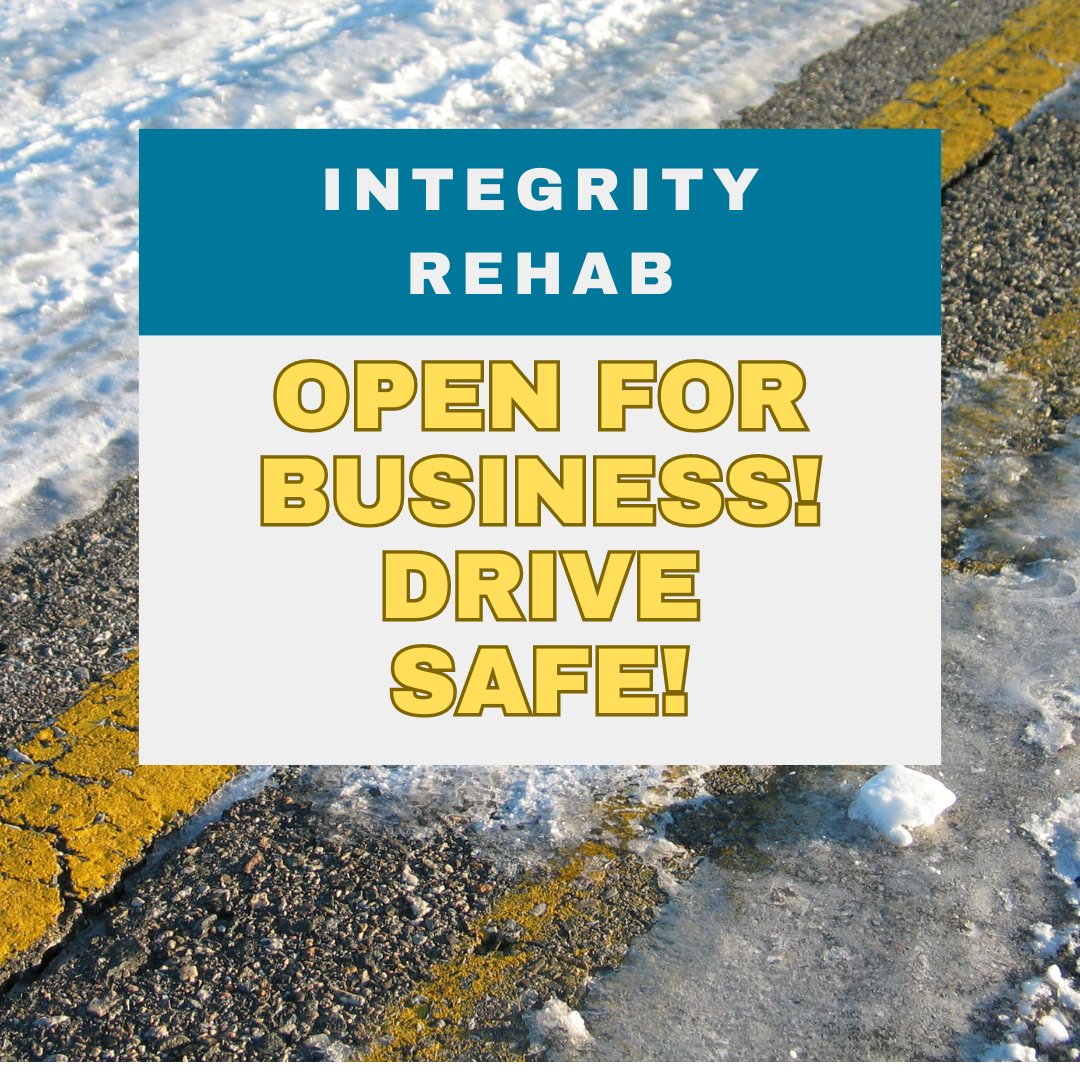 Good news! All Integrity Rehab clinics are open today from 7:00 am to 7:00 pm. Remember to take your time on the roads and stay safe! Bundle up and stay warm, everyone! ❄️🚗 #IntegrityRehab #StaySafe #WinterWarmth