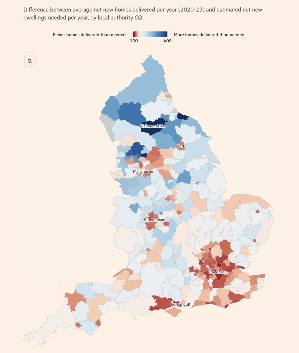 This map makes clear that the biggest problem is in London and the South East, which are not delivering enough homes: