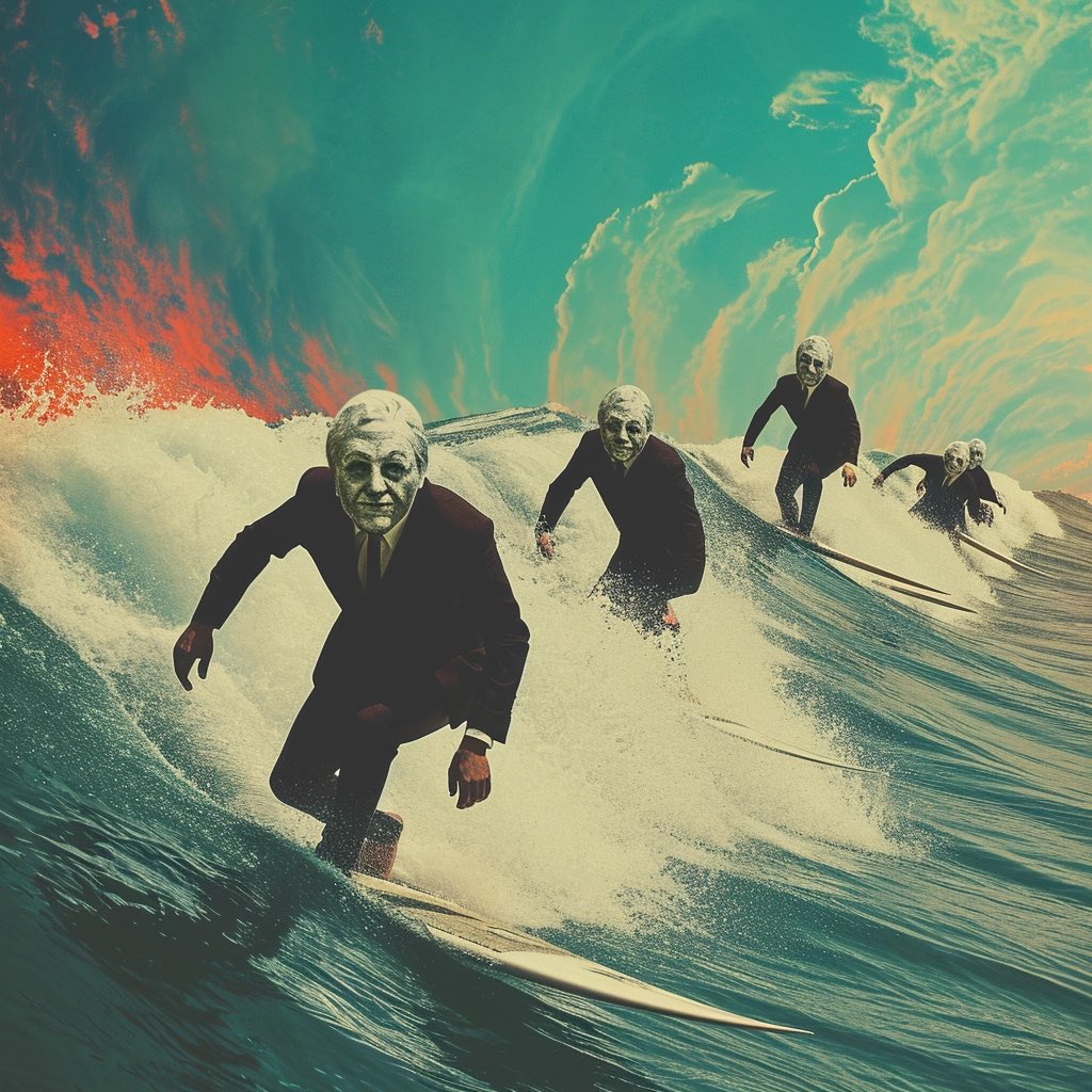 chetbff's tweet photo. Prompt Share:

Good morning everyone, hope you have a great week. 

I would love to see where you all take this prompt. 

retro point break movie inspired surfing scene with men in Richard Nixon masks catching waves --v 6 https://t.co/HLKlbXEqJU