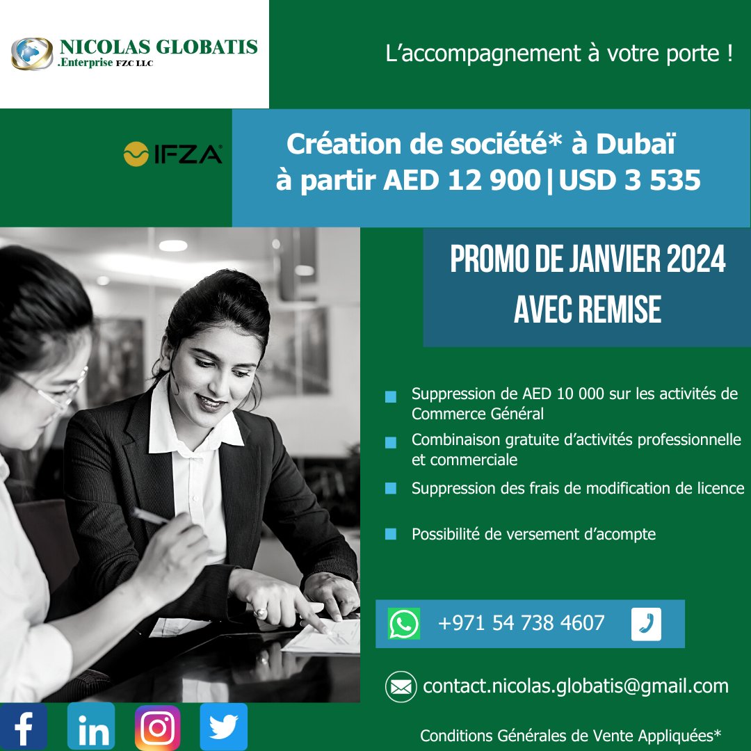 nico_globatis's tweet photo. CRÉATION DE SOCIÉTÉ À DUBAÏ - PROMO DE JANVIER 2024

À partir de AED 12 900 soit environ 3 535 USD, créez votre société et exercez les activités de votre choix à Dubaï.

Pour plus d'infos, contactez-nous ici : 👉 
 📞 +971 54 738 4607
 📧 contact.nicolas.globatis@gmail.com https://t.co/AFD8JkfiQk