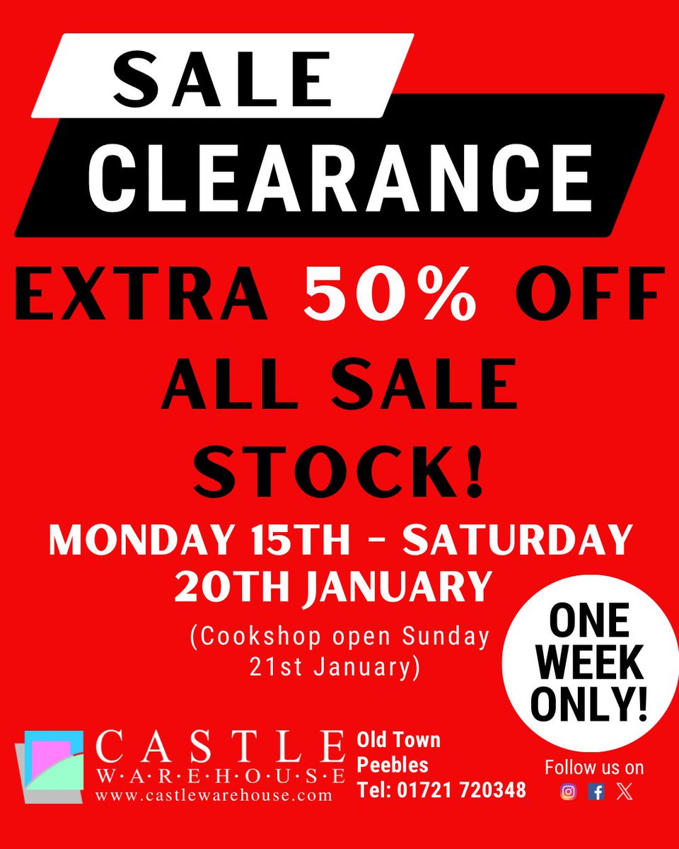 CastleWarehouse's tweet photo. ‼️ EXTRA 50% OFF ALL SALE STOCK ‼️

ONE WEEK ONLY 🛍️🤩 https://t.co/9t3VlYKmlE
