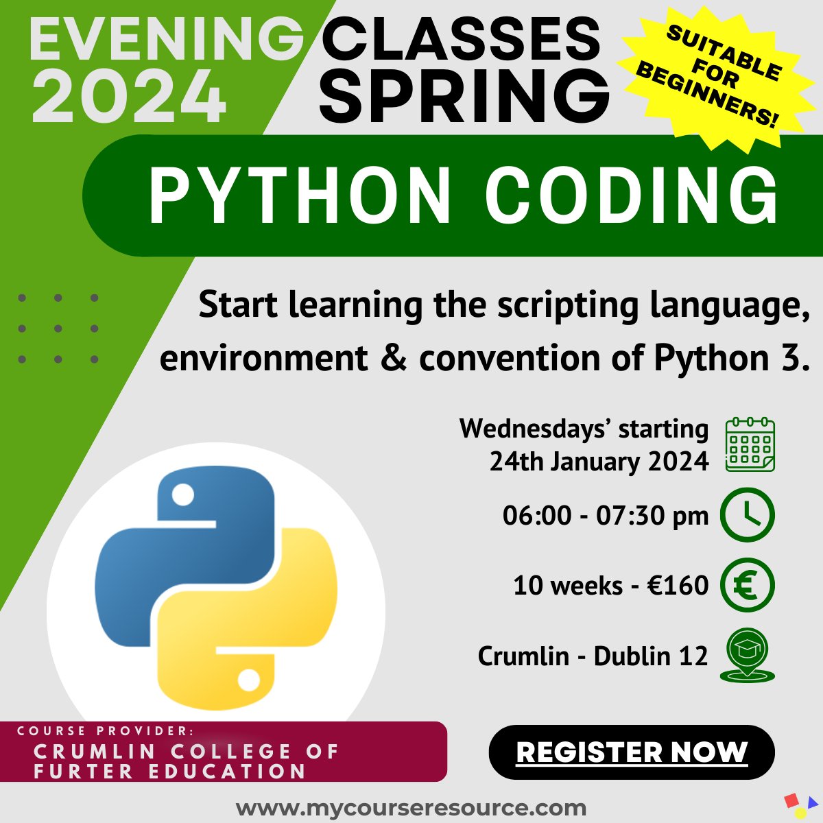 courseresource's tweet photo. New Python coding intro course starting in Crumlin College of Further Education this January! Suitable for beginners. Spread the word to anyone who may be interested - Thanks!
INFO: https://t.co/MsVHeFIxvF
#python #coding #scripting #crumlincollege #adulteducation #eveningcourses https://t.co/KGTu6k1puM