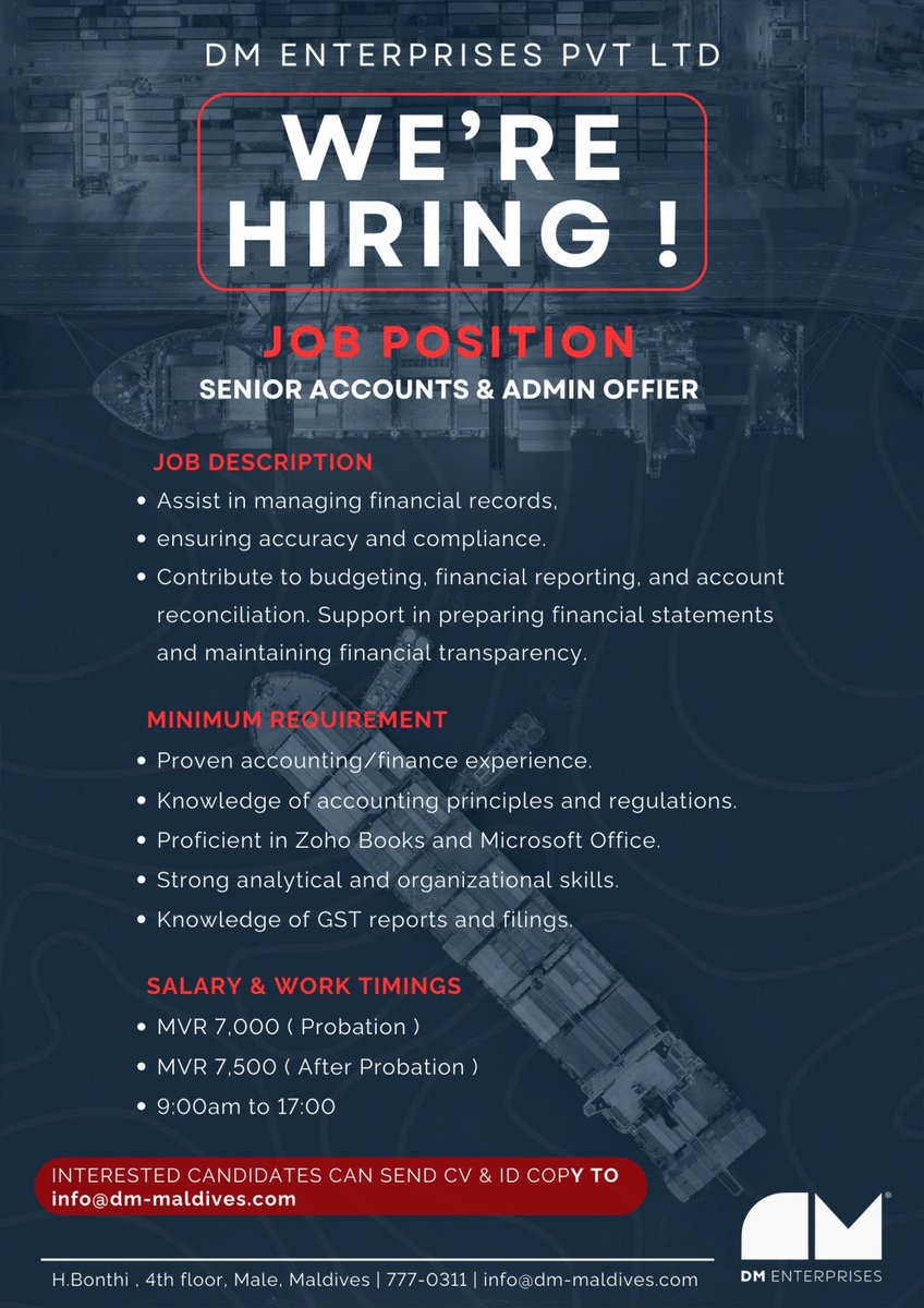 dmenterprisesmv's tweet photo. JOB OPPORTUNITY 
Please email us your CV to
info@dm-maldives.com https://t.co/XnTNpbOBQw