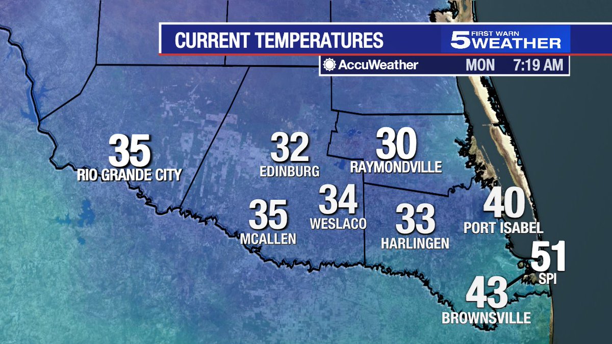 KRGV_Weather's tweet photo. {7:20AM 1/15/2024 MONDAY} Brrrrrr! Current temperatures are in the 30s for most of the Valley. Make sure to wear layers today. We should stay in the 30s throughout the day with wind chills or 'feels' like temperatures as low as the upper teens.  #rgv #weather #cold https://t.co/1AlGc49dTg
