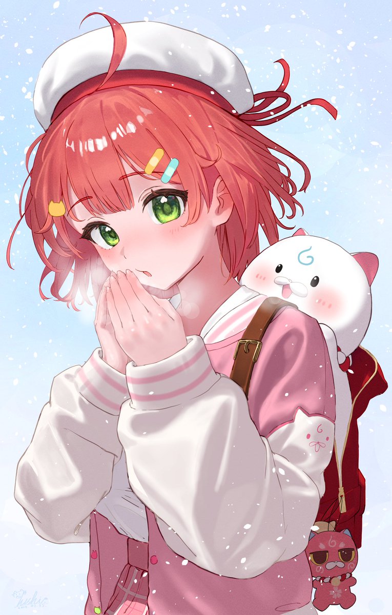 sakura miko 1girl green eyes hair ornament hat backpack ahoge bag  illustration images