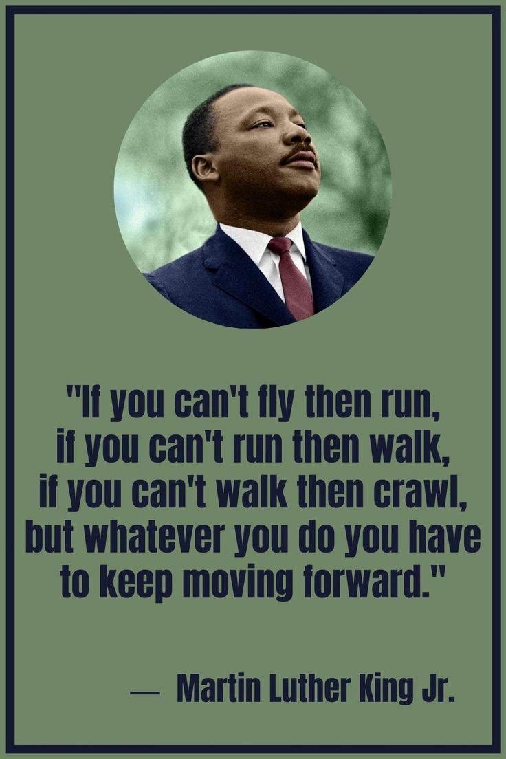 “If You Can’t Fly Then Run,
If You Can’t Run Then Walk,
If You Can’t Walk Then Crawl,
But Whatever You Do You Have
To Keep Moving Forward.”
~ Martin Luther King Jr.

#inspiringquotes 
#MLKDay
