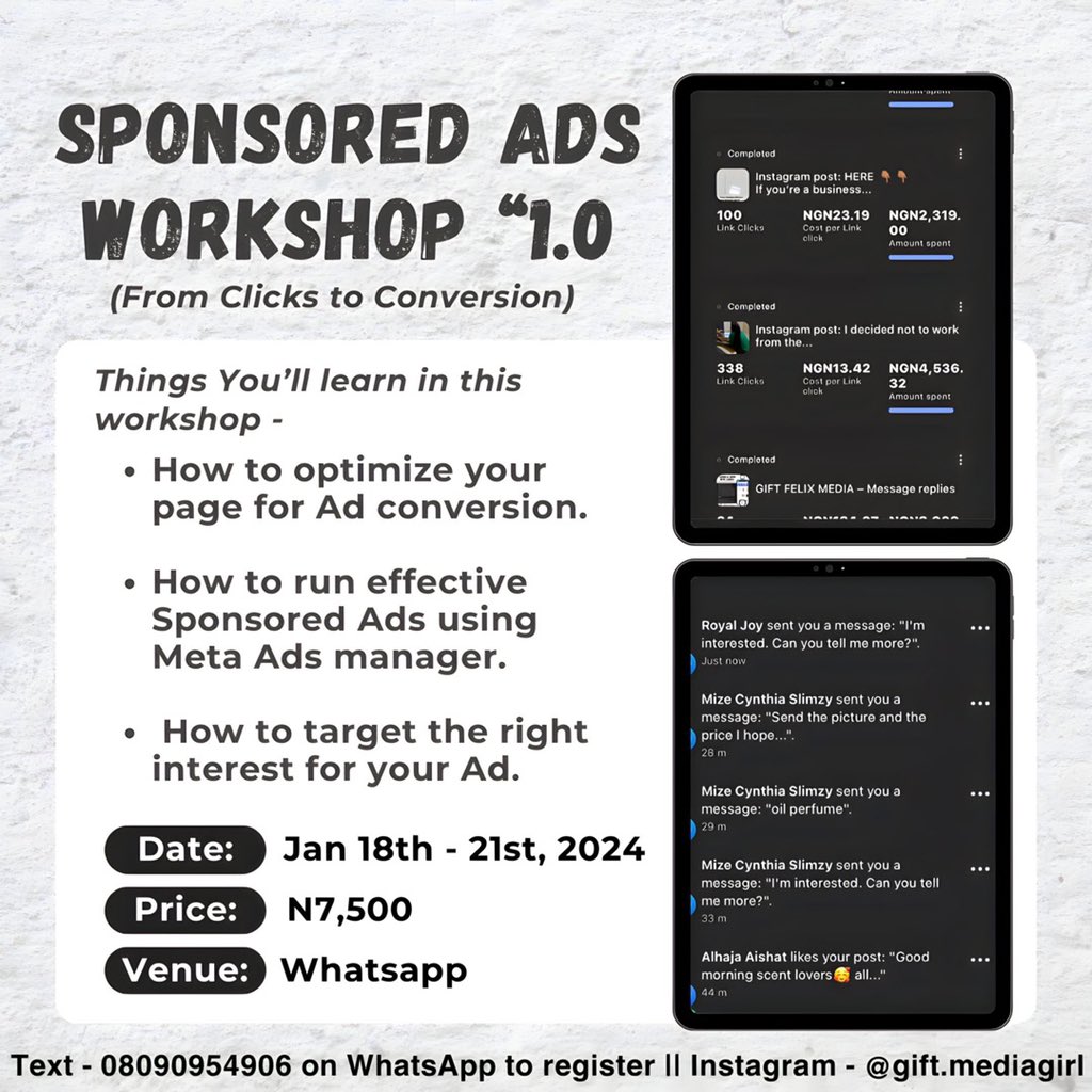 I’m having a class in 3 days where I’ll be teaching business owners how to run sponsored ads using meta Ads manager. You’ll learn how to create a prepaid ad account on your own and how to do your targeting from scratch to aid your conversion to sales!! Send a dm to register!