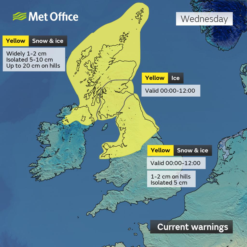 metoffice's tweet photo. ⚠️ Weather warnings for snow and ice over the next few days have been updated ⚠️

Latest info 👉 https://t.co/QwDLMfRBfs 

Stay #WeatherAware⚠️ https://t.co/DVxoTMAYg5