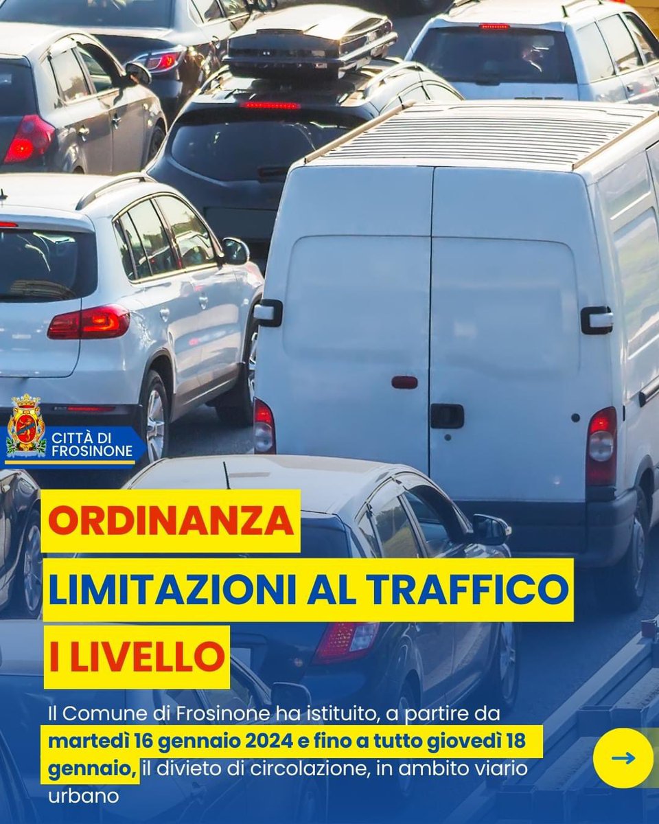𝐎𝐑𝐃𝐈𝐍𝐀𝐍𝐙𝐀: 𝐋𝐈𝐌𝐈𝐓𝐀𝐙𝐈𝐎𝐍𝐈 𝐀𝐋 𝐓𝐑𝐀𝐅𝐅𝐈𝐂𝐎 𝐈 𝐋𝐈𝐕𝐄𝐋𝐋𝐎
Il Comune di Frosinone ha istituito, a partire dal 16 gennaio e fino a tutto il 18 gennaio, il divieto di circolazione, in ambito viario urbano.

servizi.comune.frosinone.it/openweb/albo/a…