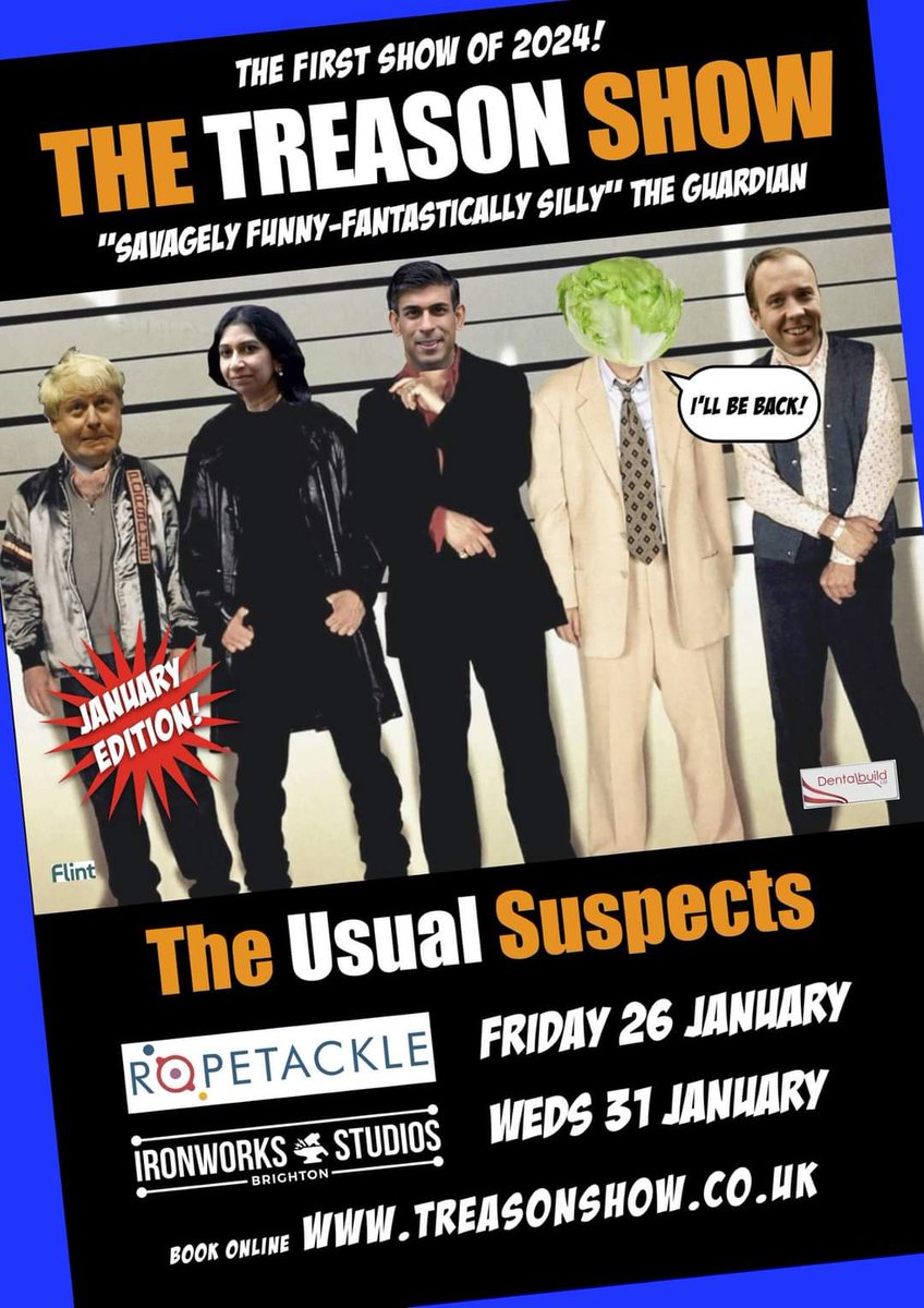 The Usual Suspects are back & heading to the fab @ropetackleart #Shoreham first in 2024! Join us on 26th for much needed January laughs with new satirical songs & #comedy sketches! Tickets via treasonshow.co.uk @business_sussex @SussexWhatsOn