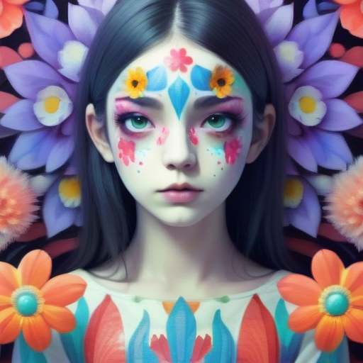 NeuropulseAI's tweet photo. prompt/ a girl with colorful flowers painted on. in the style of otherworldly grotesquery, kaleidoscopic, edward gorey, miwa komatsu, elaborate detail, cody ellingham, shiny eyes. https://t.co/bRj5kJKrCs