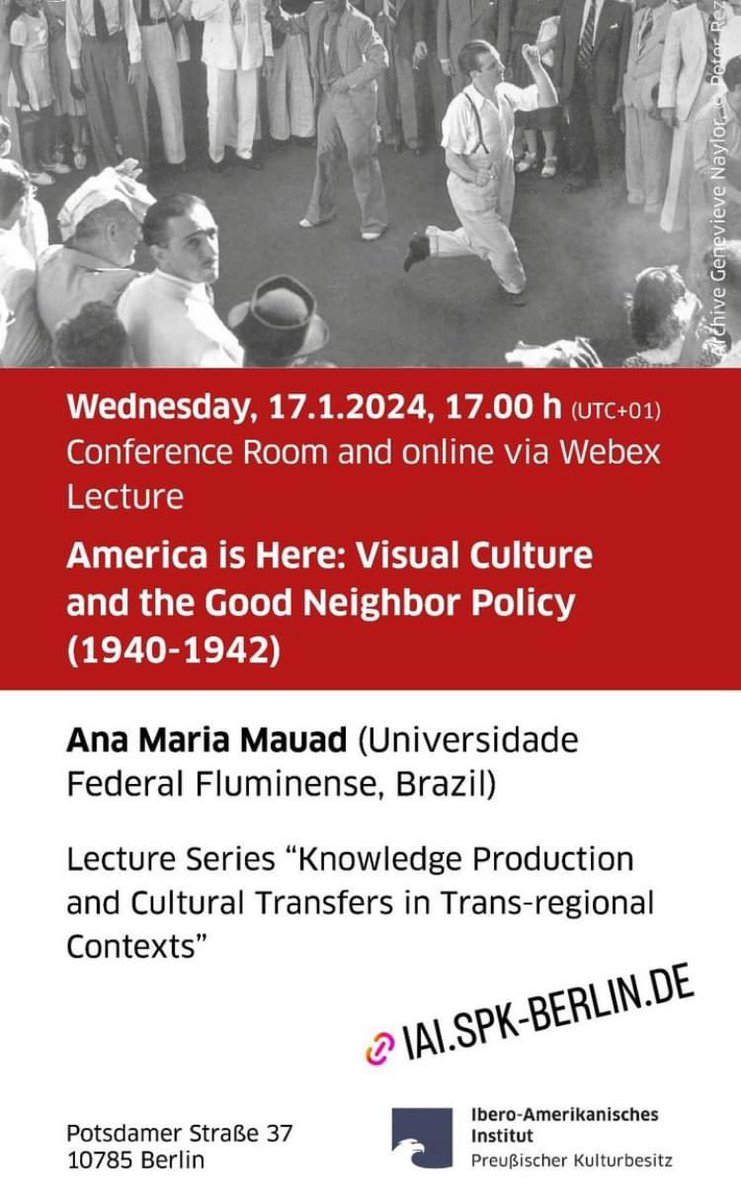 labhoi_uff's tweet photo. No dia 17/1, a profa Ana Mauad fará a comunicação “America is here: Visual culture and the Good neighbor policy (1940-1942)” no Ibero-Amerikanisches Institut - Preußischer Kulturbesitz.
O evento será híbrido.
#labhoi40anos #visualculture #goodneighborpolicy https://t.co/CFjiZebIKl