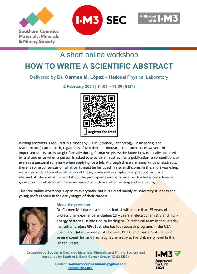 Southern Counties Materials, Minerals and Mining (@scmmms) on Twitter photo Do you want to know how to write a scientific abstract?
Join our online workshop delivered by Carmen M. López <a href="/NPL/">NPL</a> on 2nd Feb from 14:00-15:30 (GMT).
This is open to everybody, especially helpful ahead of our #YPLC!
Sign up here: forms.gle/UhcWeYMV2Vte77…
<a href="/iom3/">The Institute of Materials, Minerals & Mining</a> <a href="/IOM3_SECG/">IOM3 Student & Early Career Group</a> Do you want to know how to write a scientific abstract?
Join our online workshop delivered by Carmen M. López <a href="/NPL/">NPL</a> on 2nd Feb from 14:00-15:30 (GMT).
This is open to everybody, especially helpful ahead of our #YPLC!
Sign up here: forms.gle/UhcWeYMV2Vte77…
<a href="/iom3/">The Institute of Materials, Minerals & Mining</a> <a href="/IOM3_SECG/">IOM3 Student & Early Career Group</a>