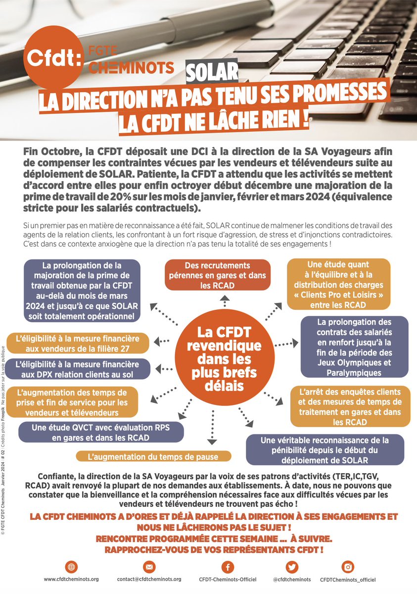 cfdtcheminots's tweet photo. E-TRACT || SOLAR, la direction n’a pas tenu ses promesses. La CFDT ne lâche rien.
🔗 https://t.co/W5BsPmahea
#DCI #voyageurs #majoration #revendications #vendeurs #télévendeurs #CFDT #onnelacherien https://t.co/X8xNOfyIgD